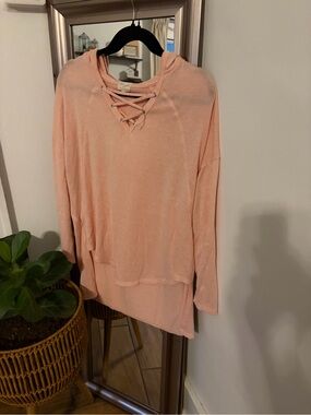 Ultra Flirt Womens Pink Knit Lace-Up Neck Hoodie Top 1X Peach Pullover